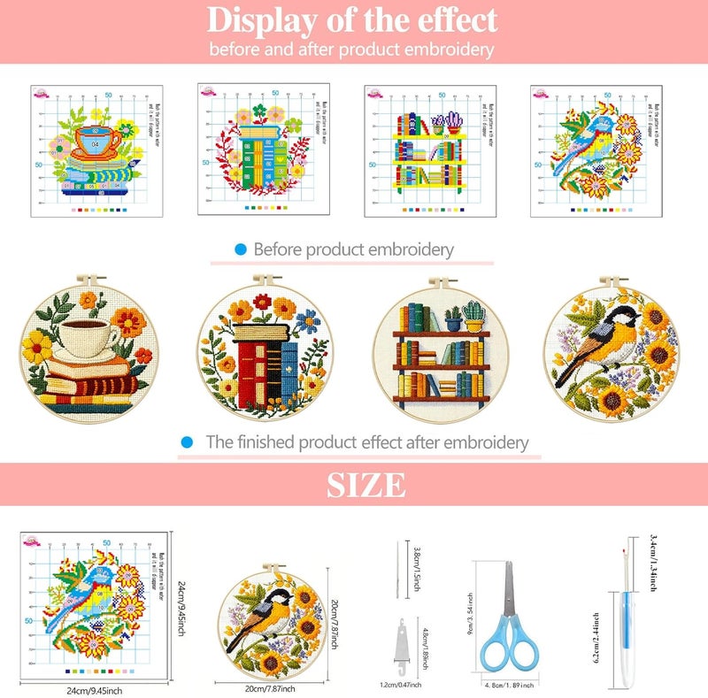 Zhenqing Book Lover's Cross Stitch Kit - 4-Piece Set with Pre-Printed 11CT 24x24cm Fabric, Hoop & Tools, Reading & Flower Themes for Beginners(70411) - Image 4